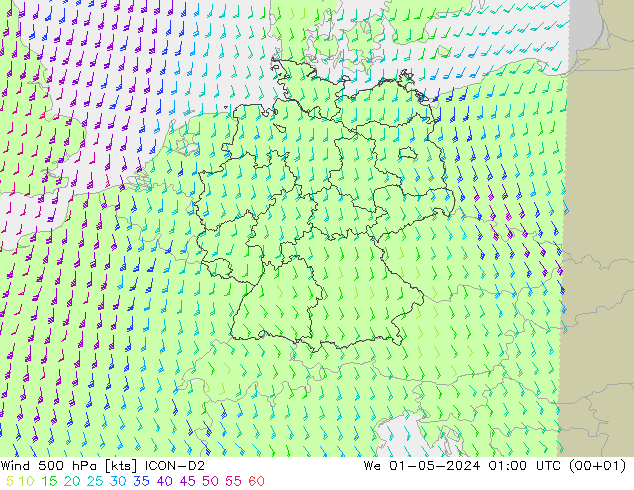 Vento 500 hPa ICON-D2 Qua 01.05.2024 01 UTC