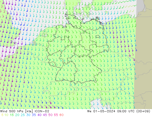 Rüzgar 500 hPa ICON-D2 Çar 01.05.2024 09 UTC