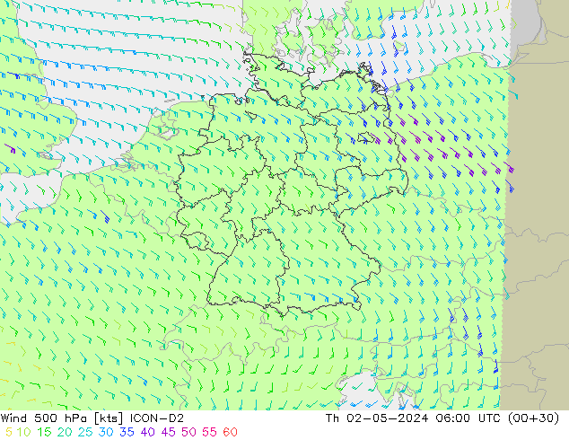 Vento 500 hPa ICON-D2 Qui 02.05.2024 06 UTC