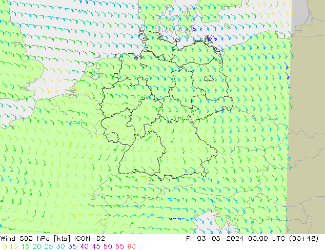 Vent 500 hPa ICON-D2 ven 03.05.2024 00 UTC