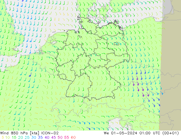 Wind 850 hPa ICON-D2 We 01.05.2024 01 UTC