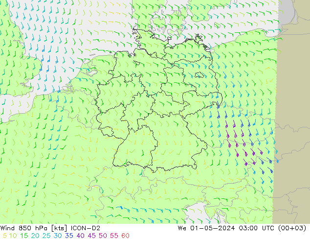 Wind 850 hPa ICON-D2 wo 01.05.2024 03 UTC