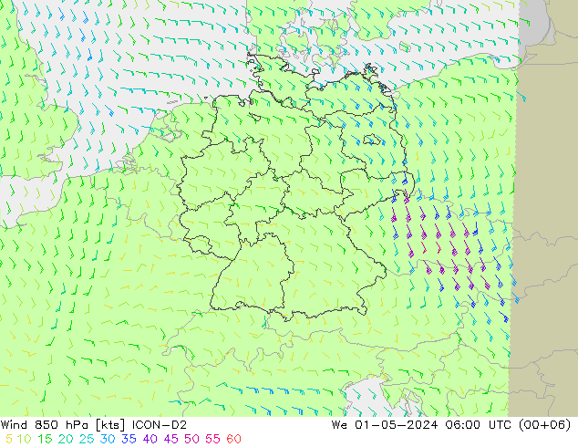 Wind 850 hPa ICON-D2 wo 01.05.2024 06 UTC