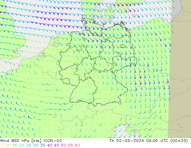 Wind 850 hPa ICON-D2 Th 02.05.2024 09 UTC