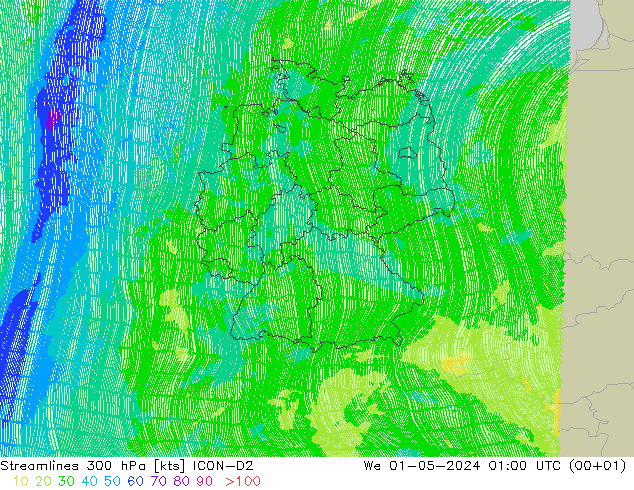 Linha de corrente 300 hPa ICON-D2 Qua 01.05.2024 01 UTC