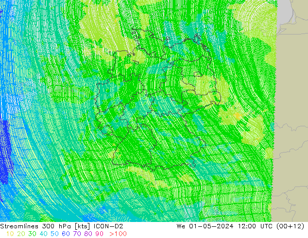 Streamlines 300 hPa ICON-D2 We 01.05.2024 12 UTC