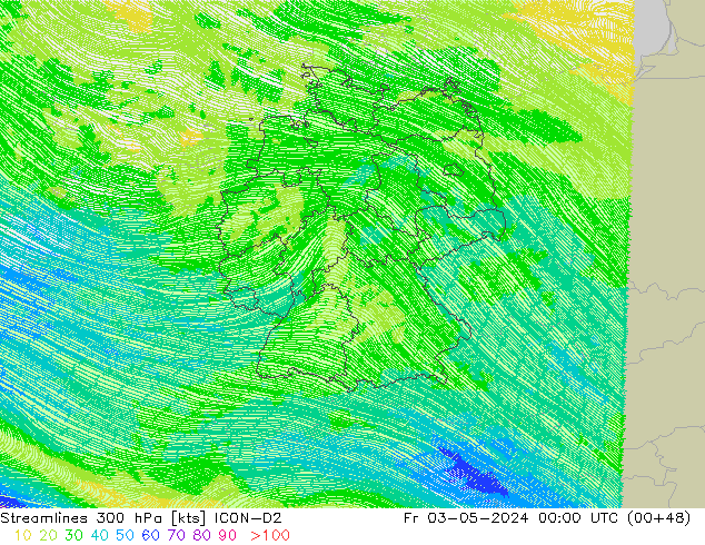 Ligne de courant 300 hPa ICON-D2 ven 03.05.2024 00 UTC