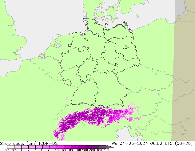 Snow accu. ICON-D2 mer 01.05.2024 06 UTC