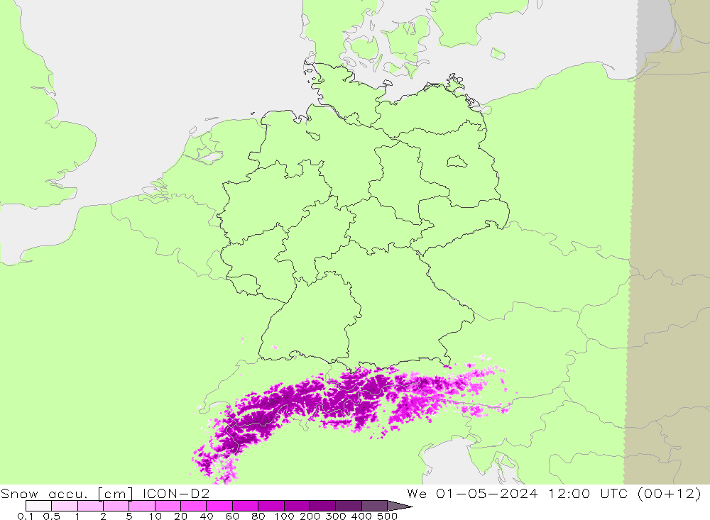 Snow accu. ICON-D2 We 01.05.2024 12 UTC