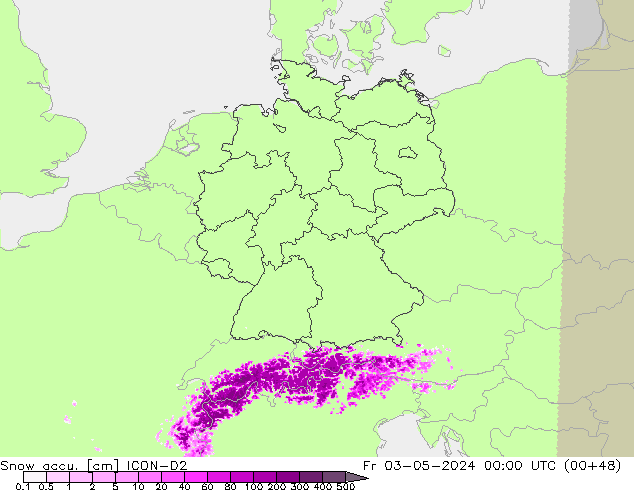 Snow accu. ICON-D2 Pá 03.05.2024 00 UTC