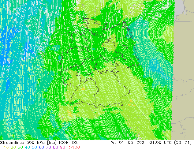 Linea di flusso 500 hPa ICON-D2 mer 01.05.2024 01 UTC