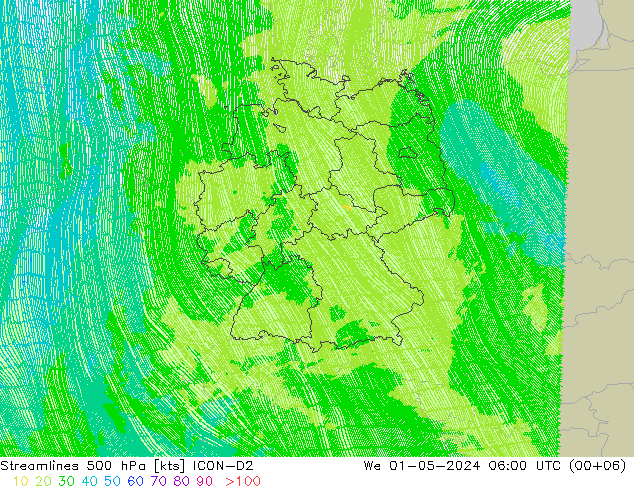 Linia prądu 500 hPa ICON-D2 śro. 01.05.2024 06 UTC