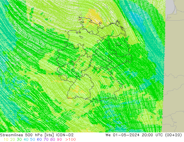 Streamlines 500 hPa ICON-D2 We 01.05.2024 20 UTC