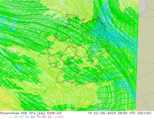 Línea de corriente 500 hPa ICON-D2 jue 02.05.2024 06 UTC