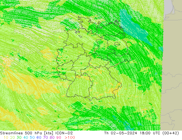 Linia prądu 500 hPa ICON-D2 czw. 02.05.2024 18 UTC