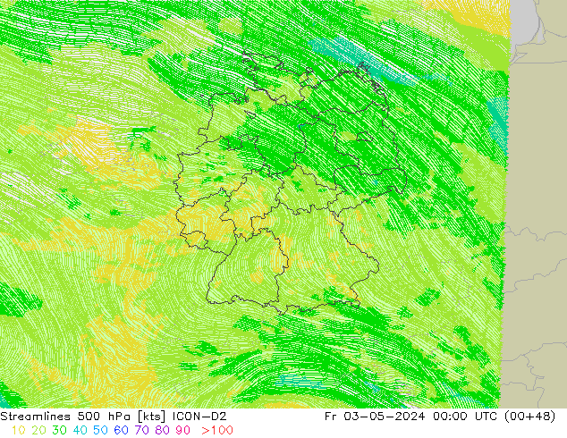 Linha de corrente 500 hPa ICON-D2 Sex 03.05.2024 00 UTC