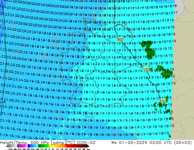 Height/Temp. 500 hPa ICON-D2 Qua 01.05.2024 03 UTC