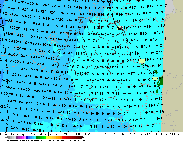 Height/Temp. 500 hPa ICON-D2 mer 01.05.2024 06 UTC