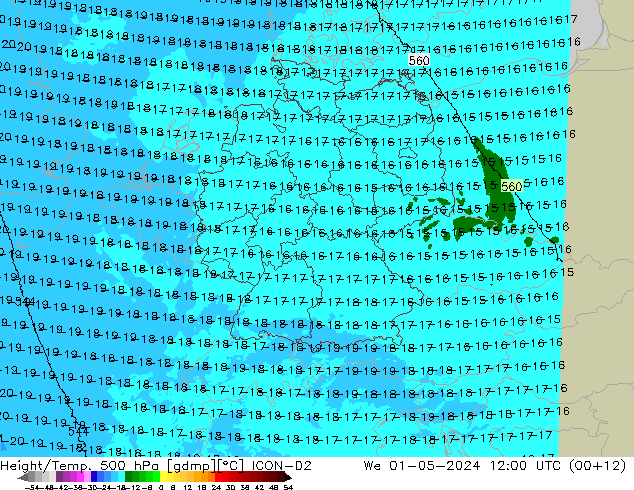 Height/Temp. 500 hPa ICON-D2 Mi 01.05.2024 12 UTC