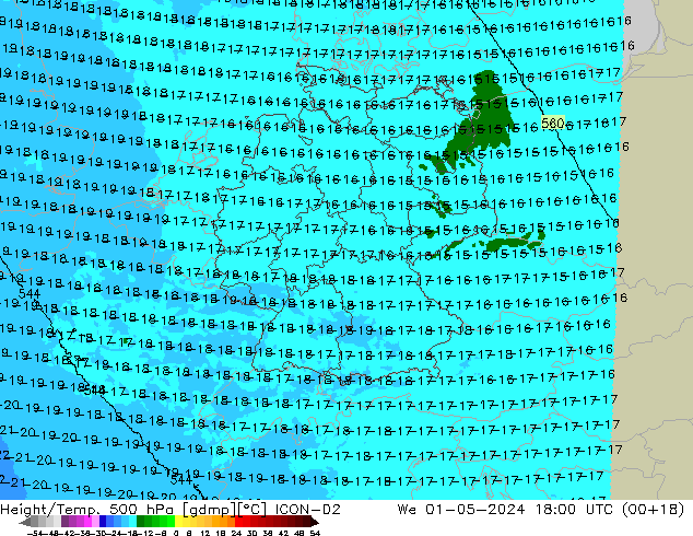 Height/Temp. 500 hPa ICON-D2 mer 01.05.2024 18 UTC