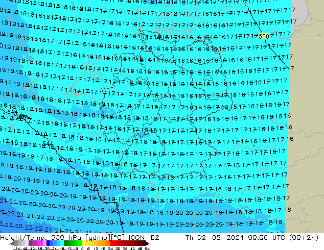 Height/Temp. 500 hPa ICON-D2 gio 02.05.2024 00 UTC