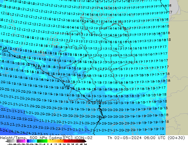 Geop./Temp. 500 hPa ICON-D2 jue 02.05.2024 06 UTC