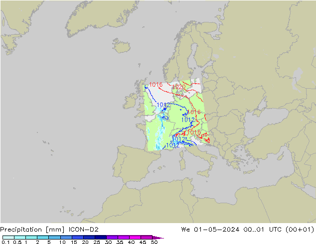 Précipitation ICON-D2 mer 01.05.2024 01 UTC