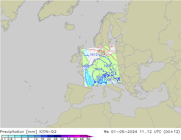 Niederschlag ICON-D2 Mi 01.05.2024 12 UTC