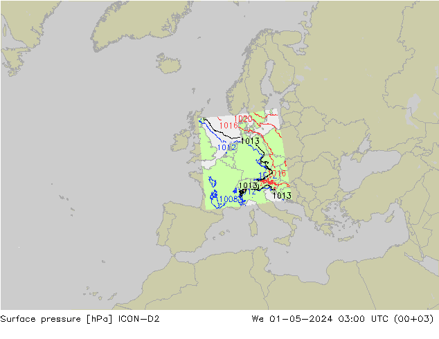 Surface pressure ICON-D2 We 01.05.2024 03 UTC