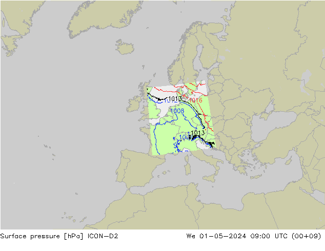 Surface pressure ICON-D2 We 01.05.2024 09 UTC