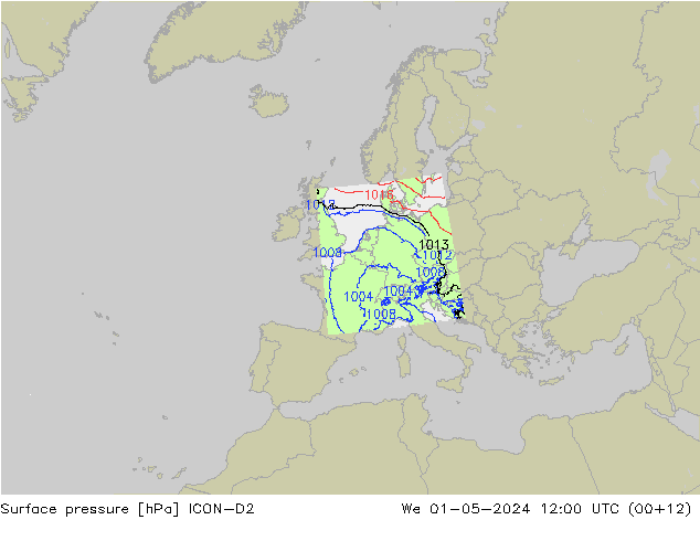 Pressione al suolo ICON-D2 mer 01.05.2024 12 UTC