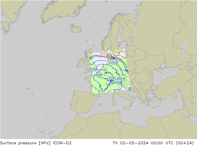 Pressione al suolo ICON-D2 gio 02.05.2024 00 UTC