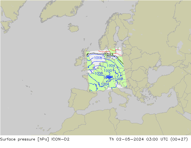 Atmosférický tlak ICON-D2 Čt 02.05.2024 03 UTC