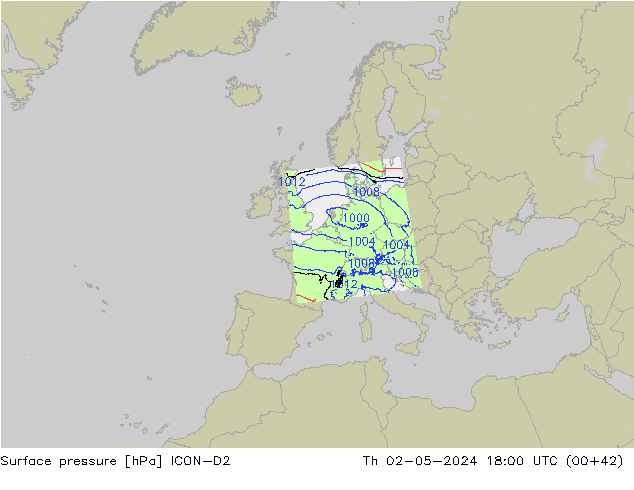 Surface pressure ICON-D2 Th 02.05.2024 18 UTC