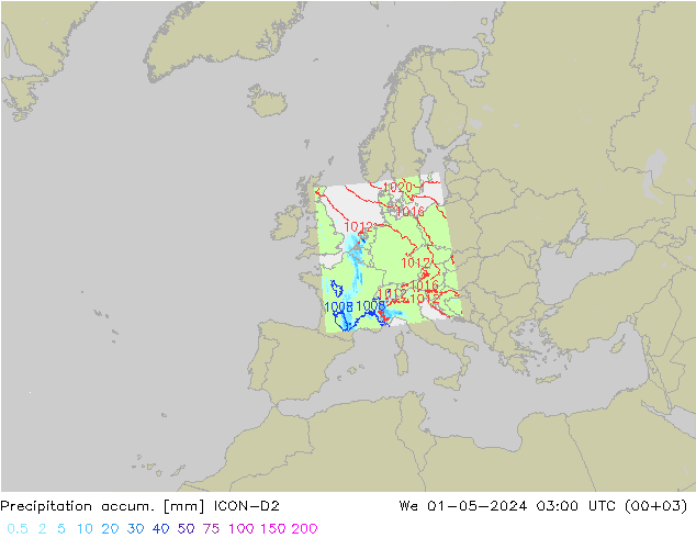 Nied. akkumuliert ICON-D2 Mi 01.05.2024 03 UTC