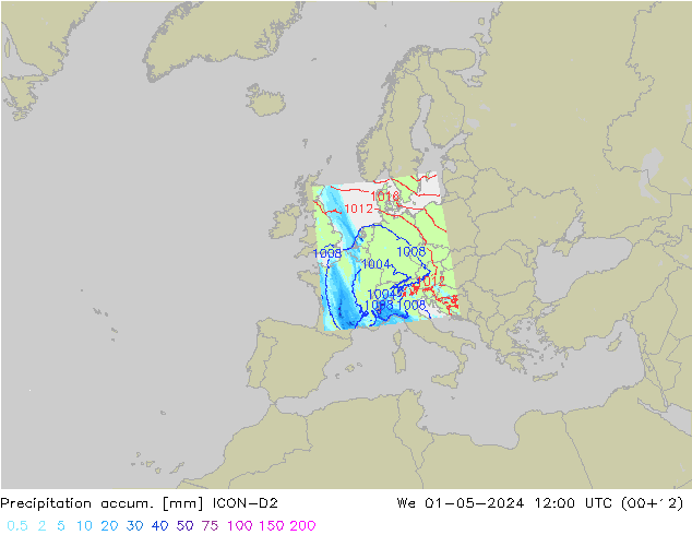 Nied. akkumuliert ICON-D2 Mi 01.05.2024 12 UTC