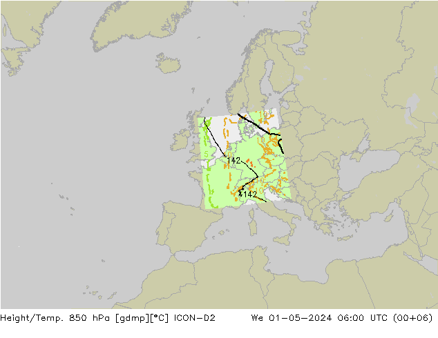 Height/Temp. 850 hPa ICON-D2 mer 01.05.2024 06 UTC