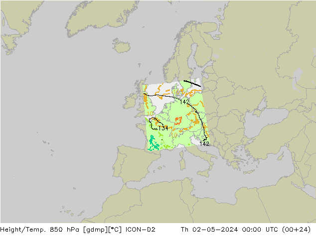 Géop./Temp. 850 hPa ICON-D2 jeu 02.05.2024 00 UTC