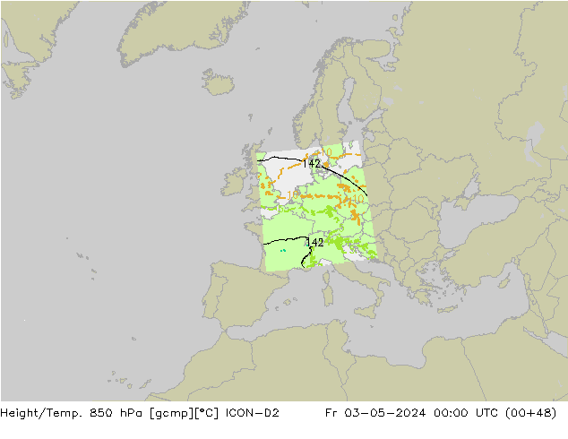 Height/Temp. 850 hPa ICON-D2 Fr 03.05.2024 00 UTC