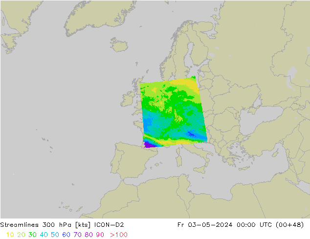 Línea de corriente 300 hPa ICON-D2 vie 03.05.2024 00 UTC