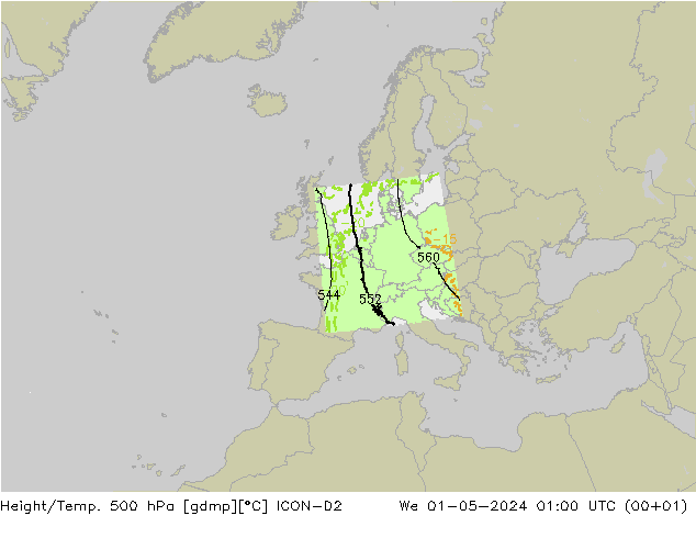 Height/Temp. 500 hPa ICON-D2 Mi 01.05.2024 01 UTC