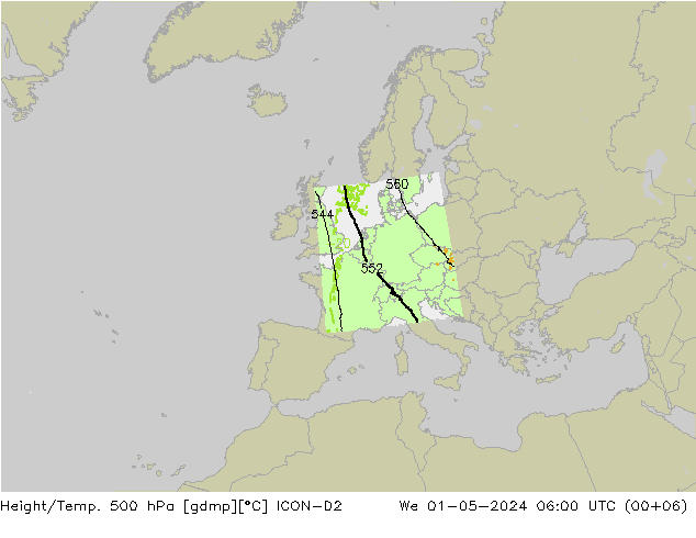 Géop./Temp. 500 hPa ICON-D2 mer 01.05.2024 06 UTC