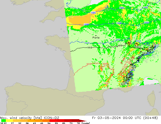 Max. wind velocity ICON-D2 Sex 03.05.2024 00 UTC