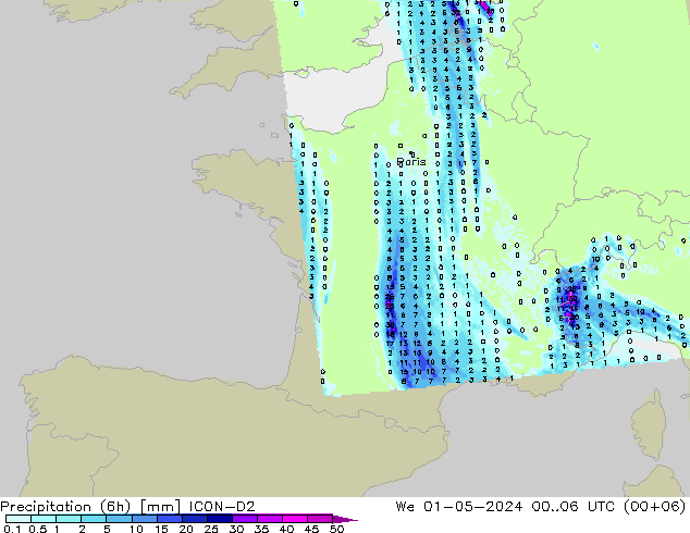 Precipitation (6h) ICON-D2 We 01.05.2024 06 UTC