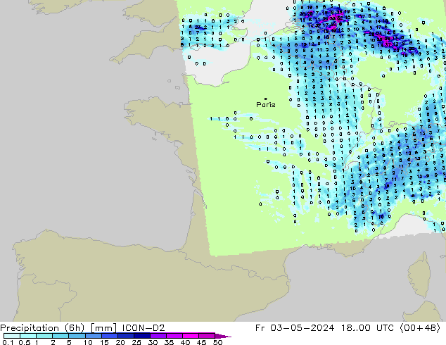 Yağış (6h) ICON-D2 Cu 03.05.2024 00 UTC