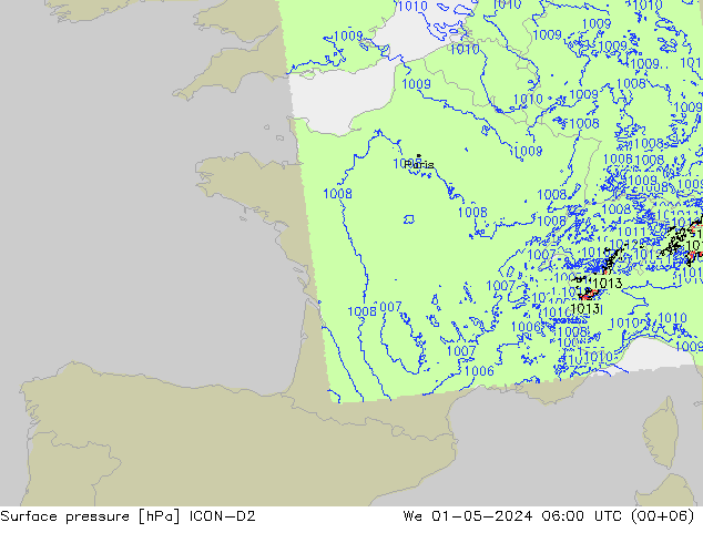 Surface pressure ICON-D2 We 01.05.2024 06 UTC