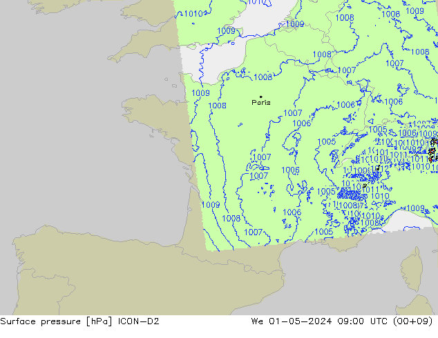 Surface pressure ICON-D2 We 01.05.2024 09 UTC