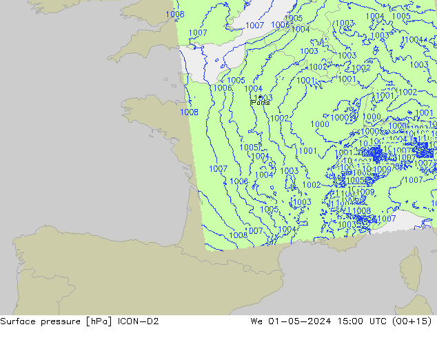 Surface pressure ICON-D2 We 01.05.2024 15 UTC