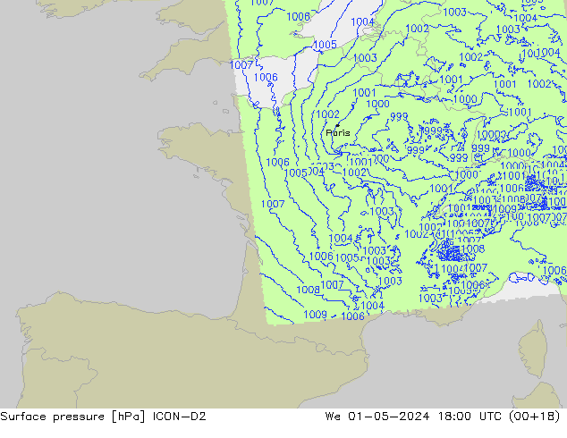 Surface pressure ICON-D2 We 01.05.2024 18 UTC