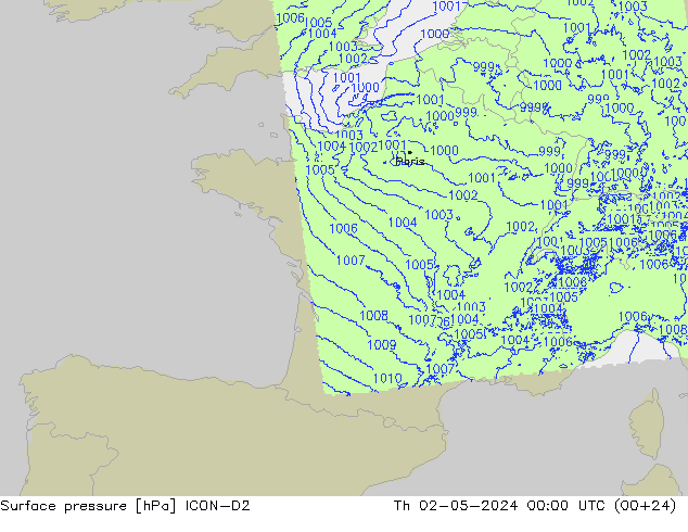 Surface pressure ICON-D2 Th 02.05.2024 00 UTC